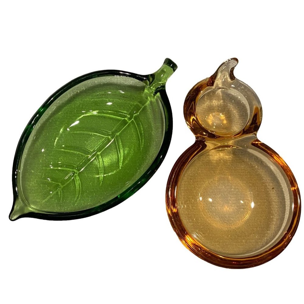 Set of 2 Vintage Colored Glass Leaf and Squash Shaped Snack Candy Trinket Dishes